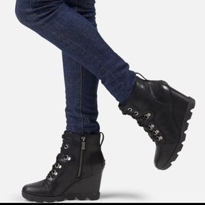 Sorel Joan Uptown Lace Wedge Leather Booties with side zip